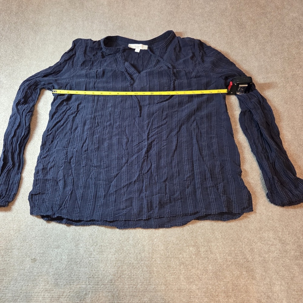 LOFT Navy Blue Textured Tie Neck Blouse Long Sleeve Seersucker Top Large